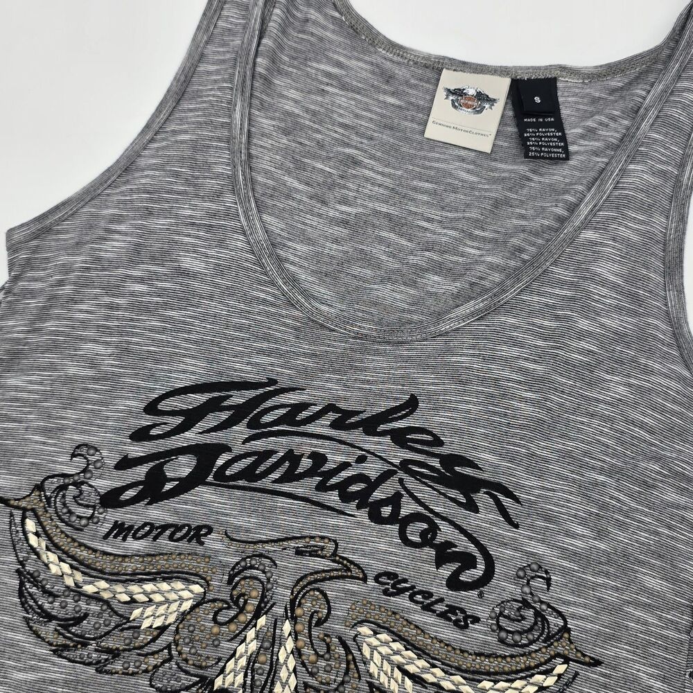 Harley Davidson Sleeveless Tank Top Fringed Studded Size S Gray